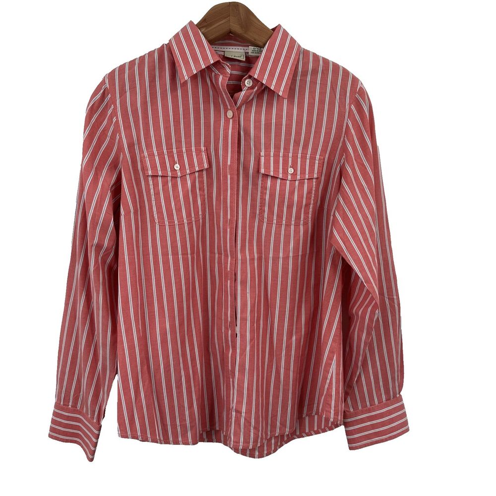 L.L. Bean Small Button Up Shirt Pink Coral Stripe Cotton Stretch Casual Classic